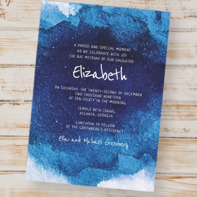 Bat mitzvah för modern typografi, blå vattenfärg inbjudningar (Skapare uppladdad)