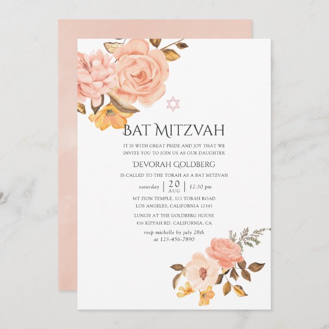 Bat mitzvah för  Rosa och Guld Blommigt Inbjudningar (Fram/baksida)