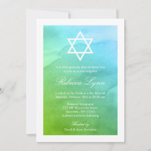 Bat mitzvah för skalning och Grönt vattenfärg Inbjudningar