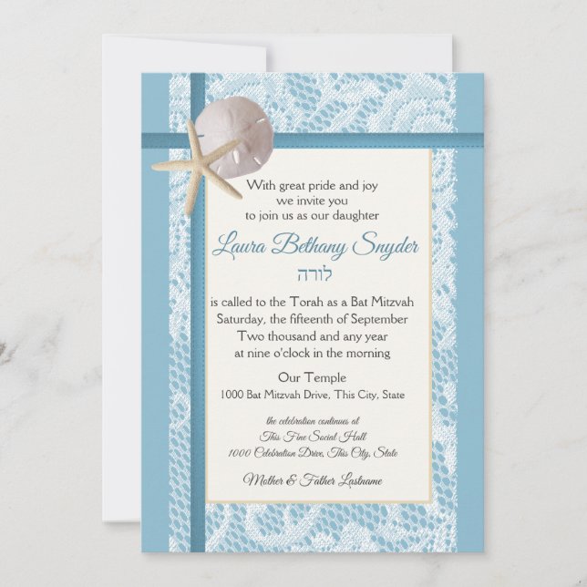 Bat mitzvah för stjärtfenor och sanddollar inbjudningar (Framsida)