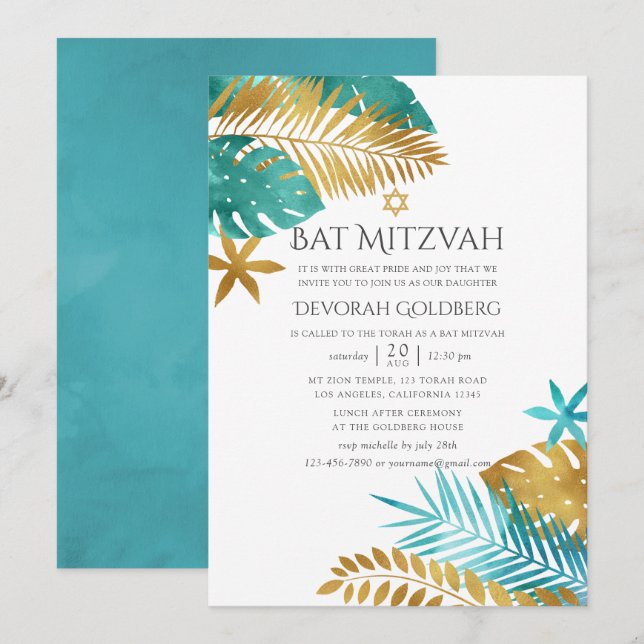 Bat mitzvah för Teal och Guld Tropical Beach Inbjudningar (Fram/baksida)
