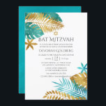Bat mitzvah för Teal och Guld Tropical Beach Inbjudningar<br><div class="desc">Teal - turkos och guld vattenfärgad tropisk foliefolie bat mitzvah inbjudan designad att snabbt och enkelt anpassas till dina händelsespecifikationer.</div>