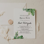 Bat mitzvah för Tropical Greenery som mål Inbjudningar<br><div class="desc">Den här bat mitzvah inbjudan till måltropisk grön är perfekt för en enkel bat mitzvah. Konstruktionen har handmålad vattenfärg grönt handflatan och banans löv som är väl placerad i vackra buketter.</div>