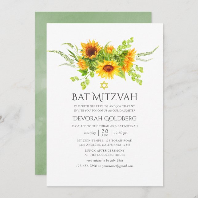 Bat mitzvah för vattenfärg Bohemian Boho Sunblommo Inbjudningar (Fram/baksida)