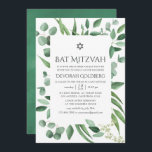 Bat mitzvah för vattenfärg Eucalyptus Greenery Inbjudningar<br><div class="desc">silver-dollarns bat mitzvah inbjudan till Löv-grönt med geometrisk ram- och handskriftstypografi designad för att snabbt och enkelt kunna anpassas till dina händelsespecifikationer.</div>