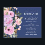 Bat mitzvah  för  vattenfärg för Budgetlavender bl<br><div class="desc">Budget Boho Lavender Rosa Blommigt Watercolor Bat mitzvah inbjudan på blå bakgrund</div>