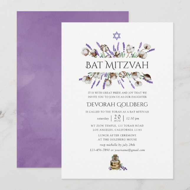Bat mitzvah för vattenfärgsbomull Lavender Inbjudningar (Fram/baksida)