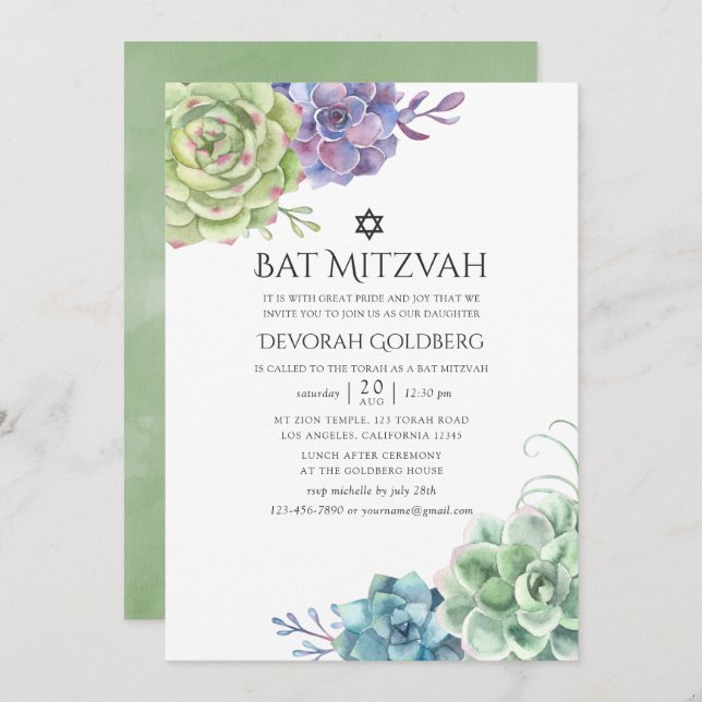Bat mitzvah för vattenfärgssuckutfall inbjudningar (Fram/baksida)