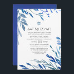 Bat mitzvah för Watercolor Navy Indigo Löv Inbjudningar<br><div class="desc">Blå och vit bladbaptism inbjudan designad för att snabbt och enkelt kunna anpassas till dina händelsespecifikationer.</div>
