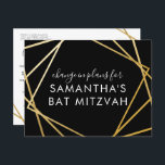 Bat mitzvah förändring av planer Modern Guld Black Meddelande Vykort<br><div class="desc">Modern, trendiget och elegant guld och svart Bat mitzvah vykort för att tillkännage en förändring av firande eller ceremonier i planer till en virtuell händelse, med moderna geometriska rutor för abstrakt gräns. Anpassa enkelt det här prisvärda vykortet "ändra datum eller planer" för din Virtuella Bat mitzvah med eget namn, datum...</div>