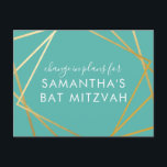 Bat mitzvah förändring av planerna i modern Guld-s Meddelande Vykort<br><div class="desc">Modern, trendig och elegant teal-turkos blått grönt och guld Bat mitzvah vykort för att tillkännage en firande eller ceremonisk förändring av planer för ett virtuellt evenemang, med moderna abstraktens geometriska rutor gräns. Anpassa enkelt det här prisvärda vykortet "ändra datum eller planer" för din Virtuella Bat mitzvah med eget namn, datum...</div>