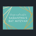 Bat mitzvah förändring av planerna i modern Guld-s Meddelande Vykort<br><div class="desc">Modern, trendig och elegant teal-turkos blått grönt och guld Bat mitzvah vykort för att tillkännage en firande eller ceremonisk förändring av planer för ett virtuellt evenemang, med moderna abstraktens geometriska rutor gräns. Anpassa enkelt det här prisvärda vykortet "ändra datum eller planer" för din Virtuella Bat mitzvah med eget namn, datum...</div>