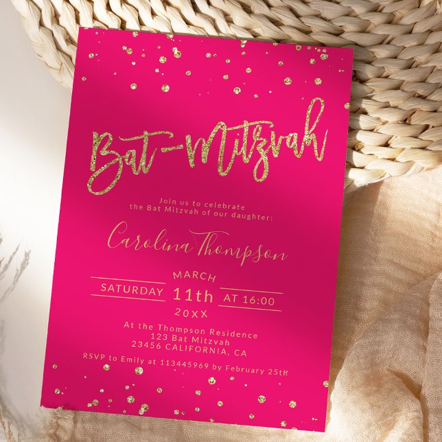 Bat mitzvah foto för guld glitter-konfekti neon ro inbjudningar (Gold glitter confetti neon pink Bat Mitzvah photo Invitation)