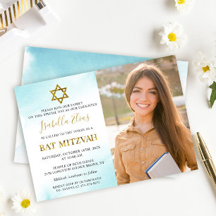 Bat mitzvah foto för pastel Blue Guld Inbjudningar