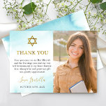 Bat mitzvah foto för pastel Blue Guld Tack Kort<br><div class="desc">Vattentärsfärg Pastel Blue Guld Bat mitzvah Photo tackto You Card</div>
