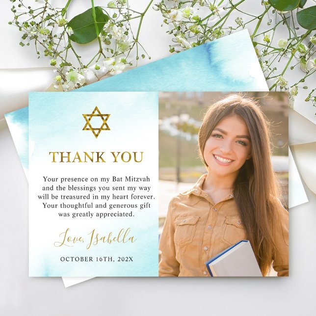 Bat mitzvah foto för pastel Blue Guld Tack Kort (Skapare uppladdad)