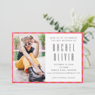 Bat mitzvah foto för Retro Rosa Red Checkerboard Inbjudningar