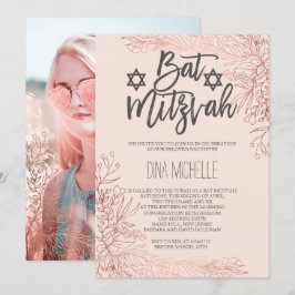 Bat mitzvah foto för rosa i ro guld blommigt inbjudningar