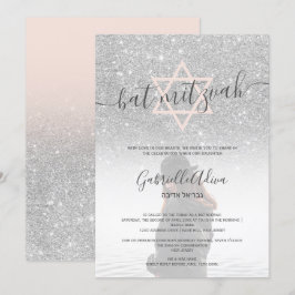 bat mitzvah foto för rosa i silver glitter inbjudningar
