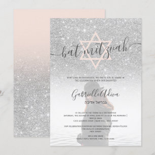 bat mitzvah foto för  rosa i silver glitter inbjudningar