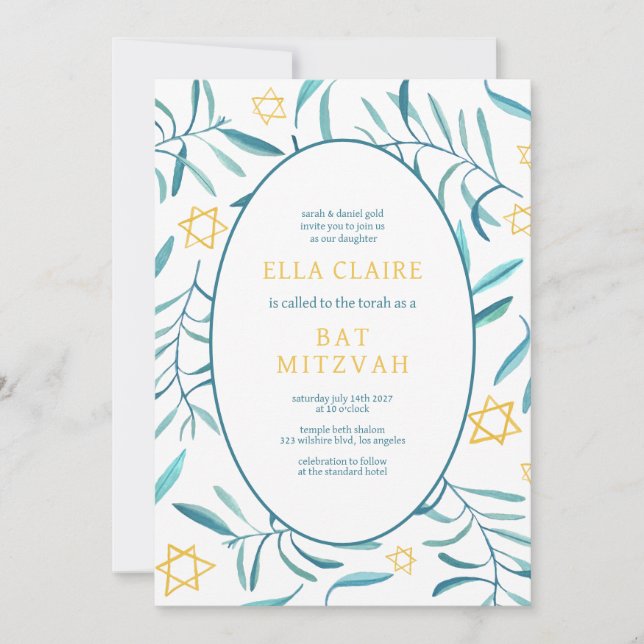 Bat mitzvah foto för vattenfärg Botaniskt stjärnor Inbjudningar (Framsida)