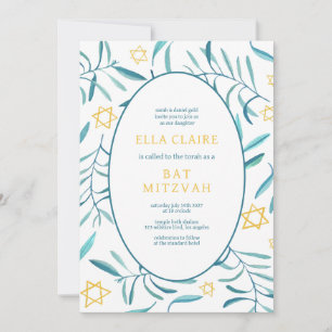 Bat mitzvah foto för vattenfärg Botaniskt stjärnor Inbjudningar