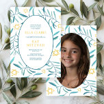 Bat mitzvah foto för vattenfärg Botaniskt stjärnor Inbjudningar<br><div class="desc">Perfekt-kort för att tillkännage ett bat mitzvah, pub mitzvah eller annat judiskt firande! Hand gjorde vattenfärgsgrafik för dig på framsidan och foto på baksidan! FULLT ANPASSADE! Klicka på "Anpassa" ovan om du vill redigera texten och lägga till ett eget foto. Klicka på "Redigera med verktyg" om du vill justera typsnitt,...</div>