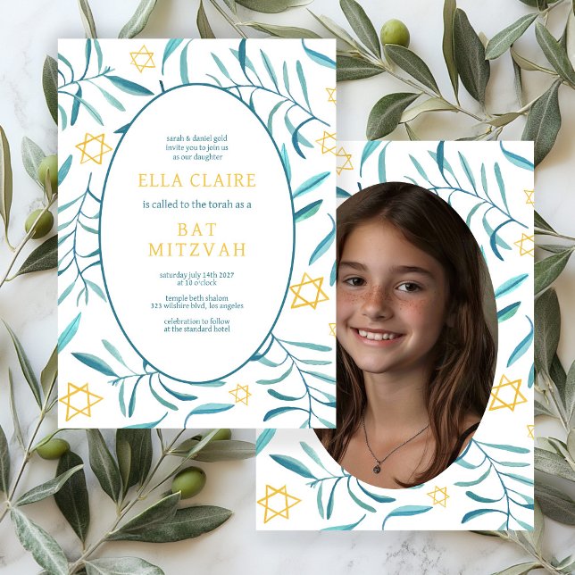 Bat mitzvah foto för vattenfärg Botaniskt stjärnor Inbjudningar (Watercolor Botanical Star Bar Bat Mitzvah CUSTOM Photo Invitation
)