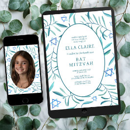 Bat mitzvah foto för vattenfärg Botaniskt stjärnor Inbjudningar