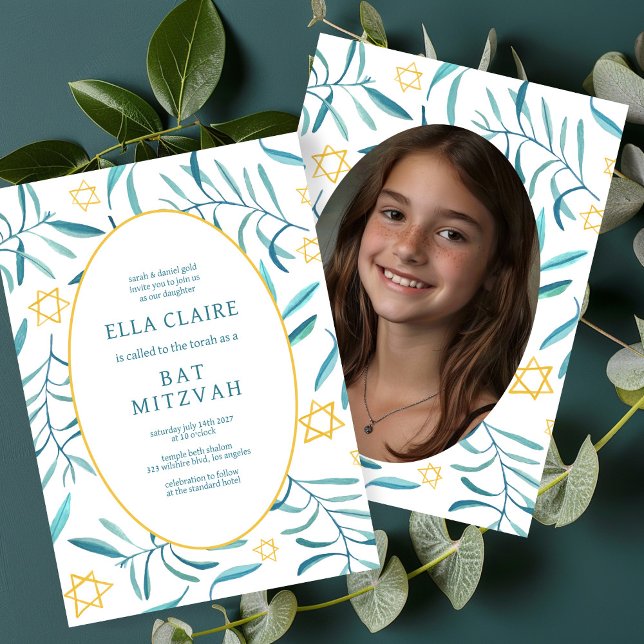Bat mitzvah foto för vattenfärg Botaniskt stjärnor Inbjudningar (Watercolor Botanical Star Bar Bat Mitzvah Custom Photo Invitation
)