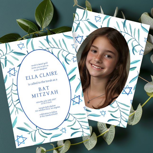 Bat mitzvah foto för vattenfärg Botaniskt stjärnor Inbjudningar (Watercolor Botanical Star Bar Bat Mitzvah Custom Photo Invitation
)
