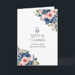 Bat mitzvah foto för vattenfärgsflottan och  Blomm Tack Kort<br><div class="desc">bat mitzvah tack för trendigets  rosa och marin blå blommigt med anpassadet guld ram till dina händelsespecifikationer.</div>