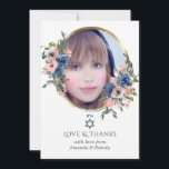 Bat mitzvah foto för vattenfärgsflottan och  Blomm Tack Kort<br><div class="desc">bat mitzvah tack för trendigets  rosa och marin blå blommigt med anpassadet guld ram till dina evenemangsspecifikationer.</div>