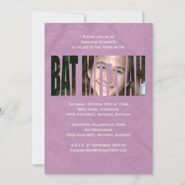 Bat mitzvah fotoinbjudan i Lila Inbjudningar (Framsida)