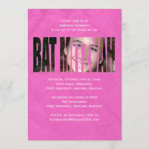 Bat mitzvah fotoinbjudan i shock rosa inbjudningar