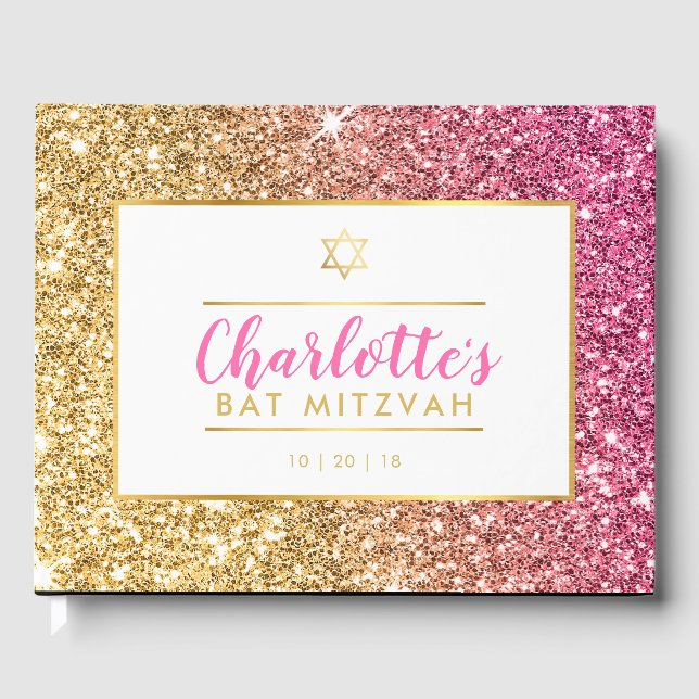 BAT MITZVAH galm coola luxe rosa guld glitter Gästböcker (Framsida)