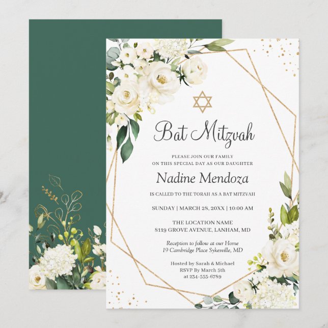 Bat mitzvah | Geometrisk grekiska Blommigten Vit r Inbjudningar (Fram/baksida)