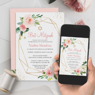 Bat Mitzvah   Geometrisk Rosa Blommig Inbjudningar