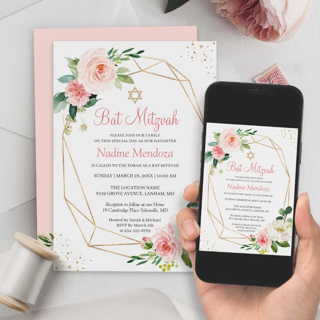 Bat Mitzvah | Geometrisk Rosa Blommig Inbjudningar (The customizable template allows you to add your personal touch using Zazzle's design tool.)