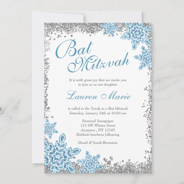 Bat mitzvah Glam Winter Wonderland Silver Blue Inbjudningar (Framsida)