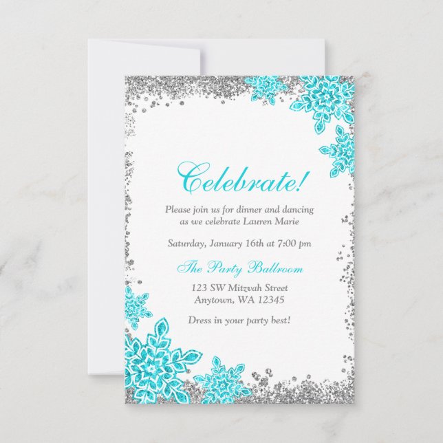 Bat mitzvah Glam Winter Wonderland Teal Recept Inbjudningar (Framsida)