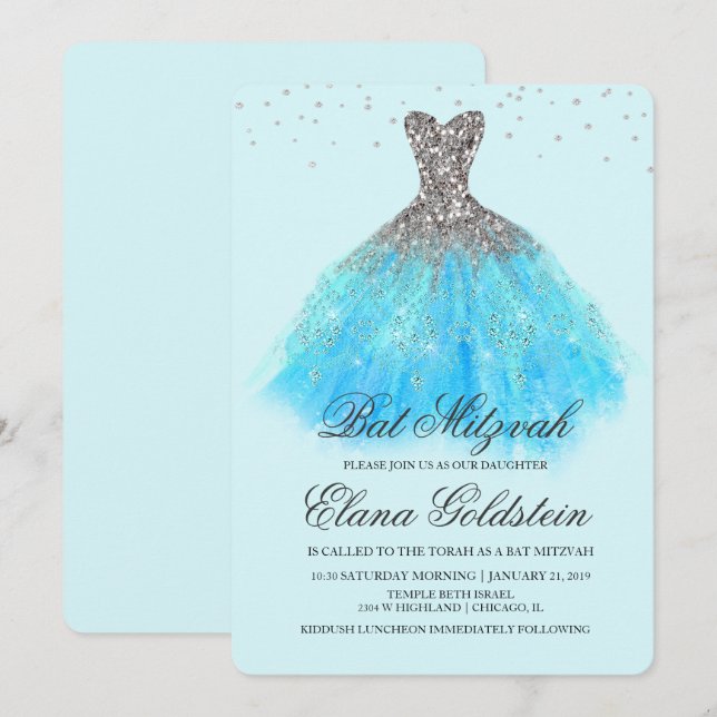 Bat Mitzvah Glitterklänning Diamant Inbjudan (Fram/baksida)