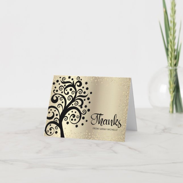 Bat mitzvah Gold Foil Black Livets träd-skript Tack Kort (Framsida)