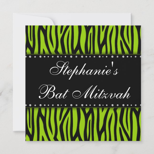 Bat mitzvah, gröna Zebra-utskrivna diamanter Inbjudningar (Framsida)
