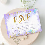 Bat mitzvah guld-folie lila vattenfärgsentré OSA kort<br><div class="desc">Var stolt, gladd och visa den här milstolpen av din favoritBat mitzvah! Inkludera den här fantastiska, moderna, glatt guld-faux-folie och glitter-punkter och typografiskript mot en mjuk lila-vattenfärgbakgrund, personlig OSA-inmatningskort för evenemanget. Anpassa anpassningsbarna med alternativen "svara senast" och "ange". Matchning och samordning av inbjudan, adressetiketter, klistermärken, platskort, bordsnummer, bord-konfetti, tackkort, album...</div>