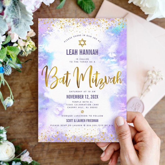 Bat mitzvah guld-folie och lila, modern vattenfärg inbjudningar (Skapare uppladdad)
