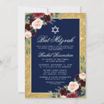 Bat mitzvah Guld Glitter Blommigt Burgundy Blue