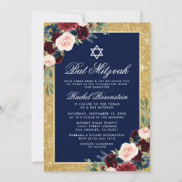 Bat mitzvah Guld Glitter Blommigt Burgundy Blue Inbjudningar