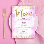 Bat mitzvah Guld Glitter Foil Chic Rosa Watercolor Meny<br><div class="desc">Var stolt, gladd och visa den här milstolpen av din favorit Bat mitzvah med ett firande att vara stolt över! Du kan locka dina gäster med den här fantastiska, moderna menyn för party-måltider, som innehåller glatt guld-faux-folie och glitter-punkter och typografiskript mot en mjuk bakgrund av rosa vattenfärg. Hennes namn, händelsens...</div>
