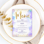 Bat mitzvah Guld Glitter Foil Lila Watercolor Meny<br><div class="desc">Var stolt, gladd och visa den här milstolpen av din favorit Bat mitzvah med ett firande att vara stolt över! Du kan locka dina gäster med den här fantastiska, moderna menyn för party-måltider, som innehåller glatt guld-faux-folie och glitter-punkter och typografiskript mot en mjuk bakgrund av lila vattenfärg. Hennes namn, händelsens...</div>